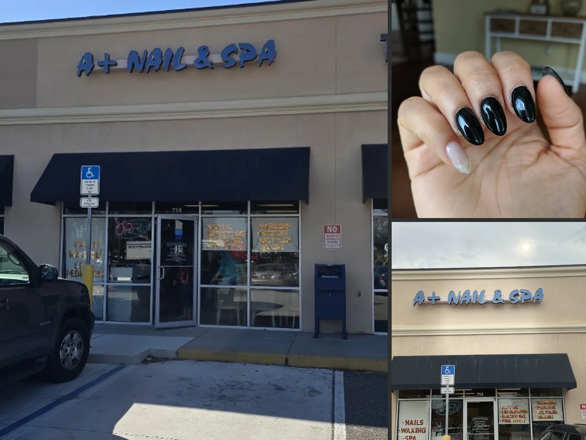 Nail technician shaping nails at a table.
